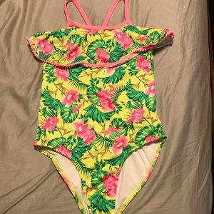 Girls swim suit size 12 kids, colors are yellow, green and pink